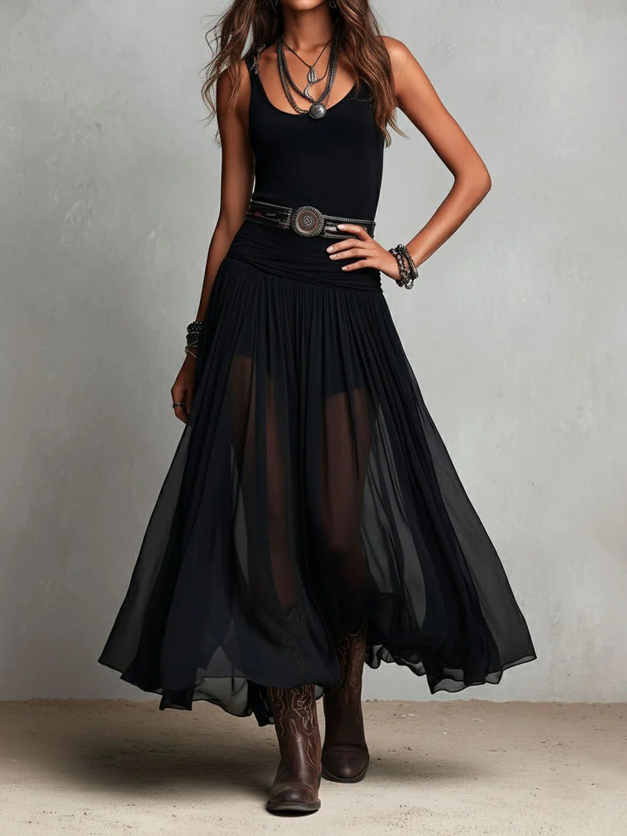 Damen Boho Maxi-Kleid ärmellos V-Ausschnitt fließender Tüllrock Gürtel