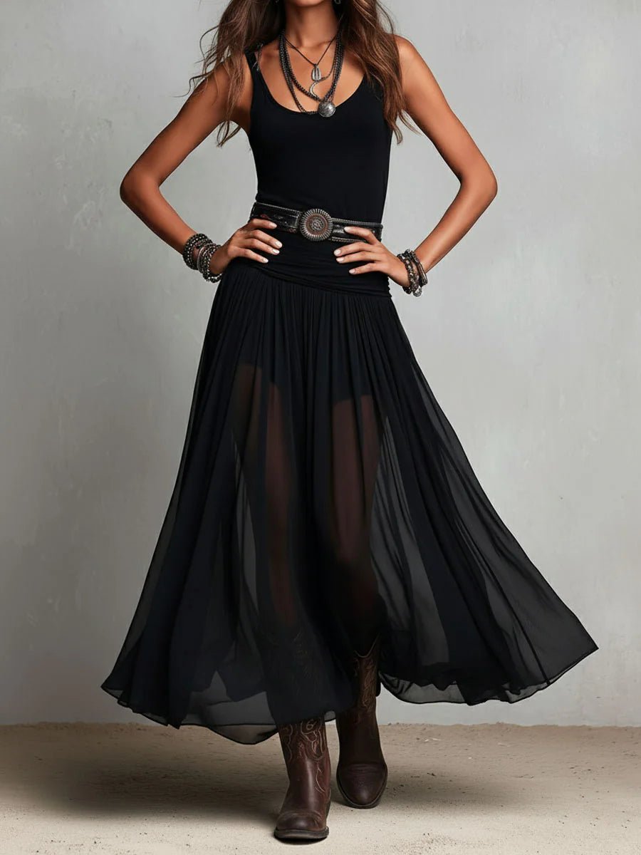 Damen Boho Maxi-Kleid ärmellos V-Ausschnitt fließender Tüllrock Gürtel
