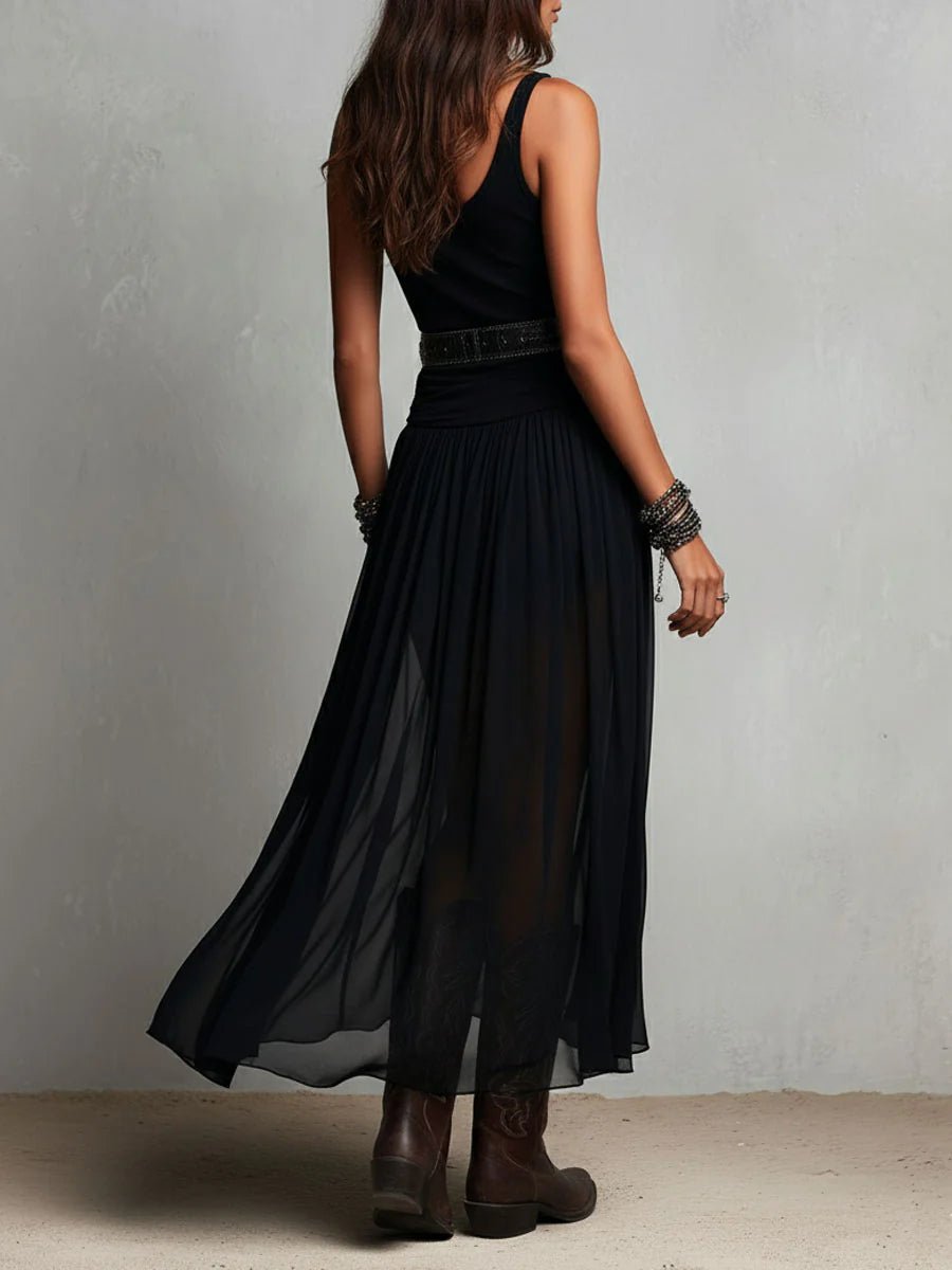 Damen Boho Maxi-Kleid ärmellos V-Ausschnitt fließender Tüllrock Gürtel