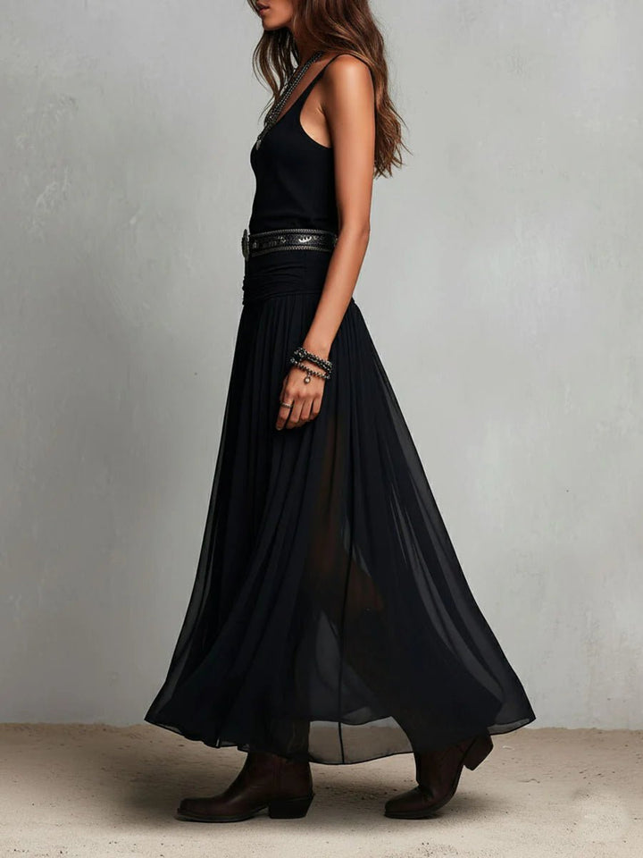 Damen Boho Maxi-Kleid ärmellos V-Ausschnitt fließender Tüllrock Gürtel