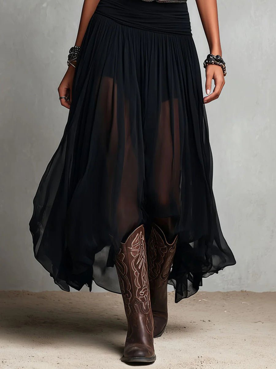 Damen Boho Maxi-Kleid ärmellos V-Ausschnitt fließender Tüllrock Gürtel