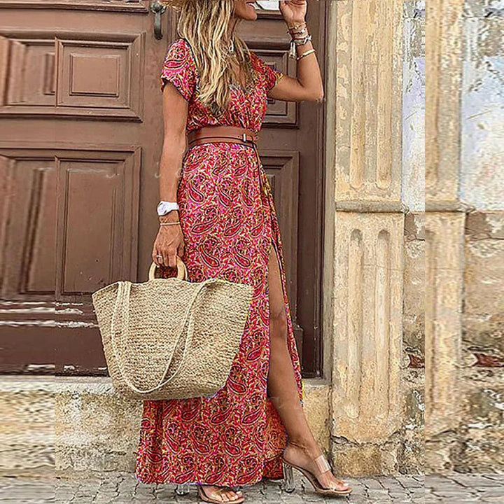 Damen Boho Maxikleid V-Ausschnitt mit Gürtel Kurzarm - Pink