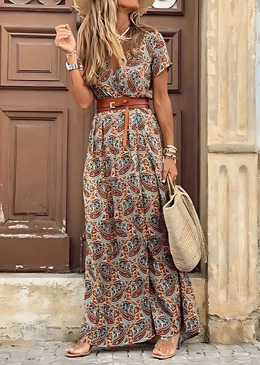 Damen Boho Maxikleid V-Ausschnitt mit Gürtel Kurzarm - Brown