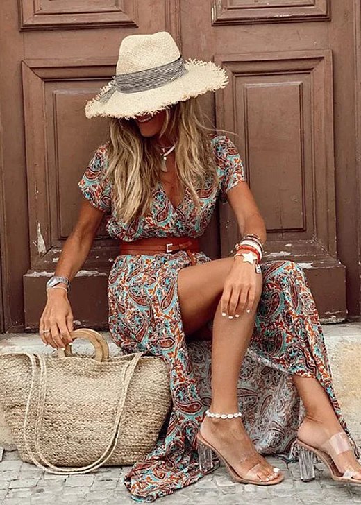Damen Boho Maxikleid V-Ausschnitt mit Gürtel Kurzarm
