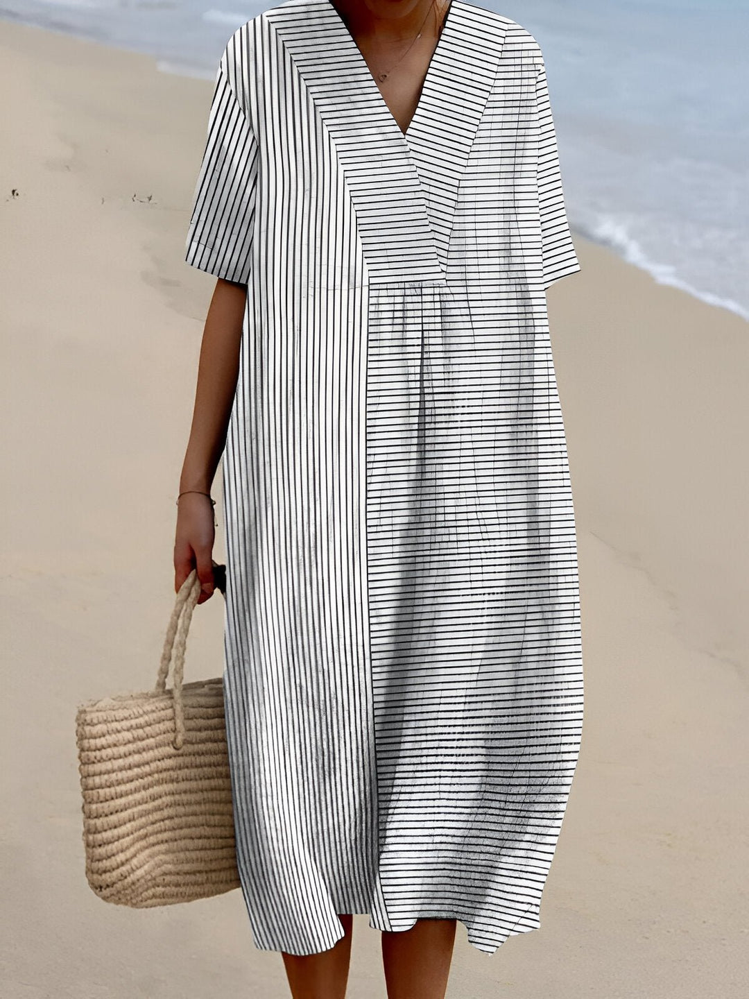 Damen Boho Midi Kleid mit V-Ausschnitt Kurzarm Streifen - Stripe White