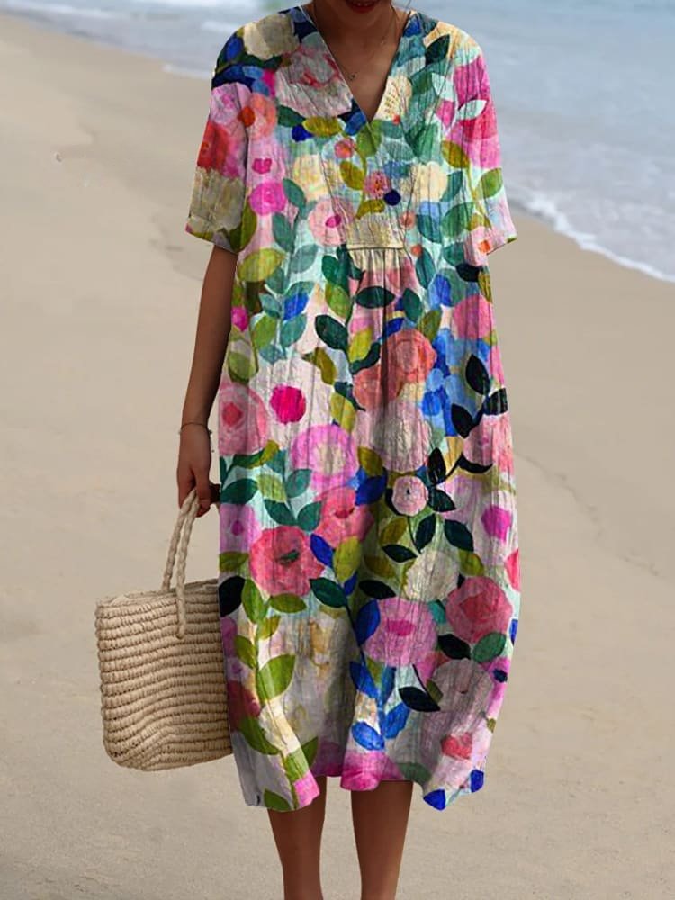 Damen Boho Midi Kleid mit V-Ausschnitt Kurzarm Streifen - Colorful