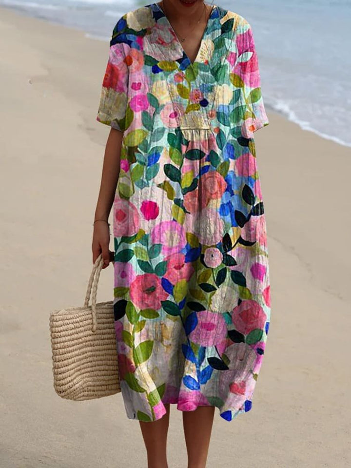 Damen Boho Midi Kleid mit V-Ausschnitt Kurzarm Streifen - Colorful