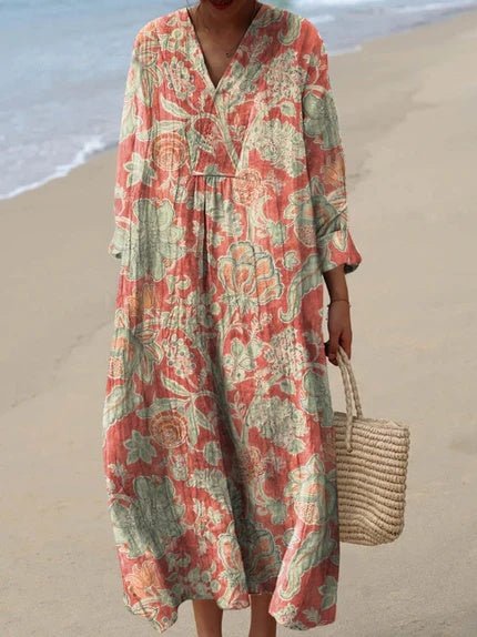 Damen Boho Midi Kleid mit V-Ausschnitt Kurzarm Streifen - Floral Orange
