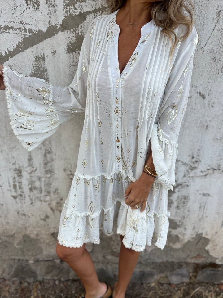 Damen Boho Midi-Kleid Stufenrock V-Ausschnitt Dreiviertelarm - White
