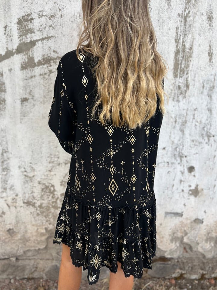 Damen Boho Midi-Kleid Stufenrock V-Ausschnitt Dreiviertelarm
