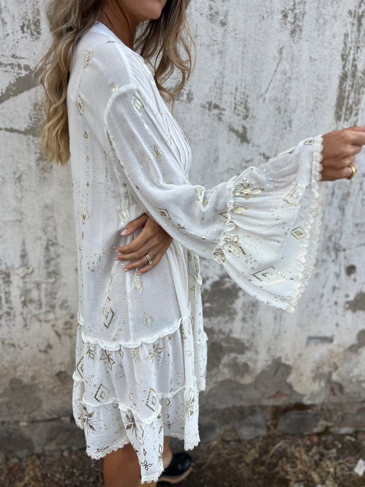 Damen Boho Midi-Kleid Stufenrock V-Ausschnitt Dreiviertelarm