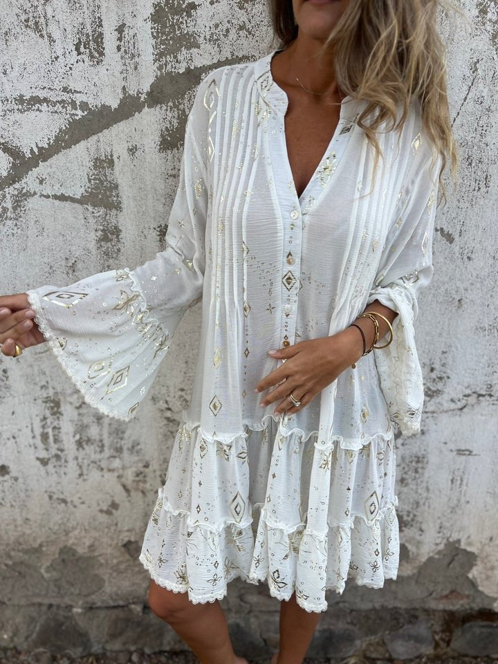 Damen Boho Midi-Kleid Stufenrock V-Ausschnitt Dreiviertelarm