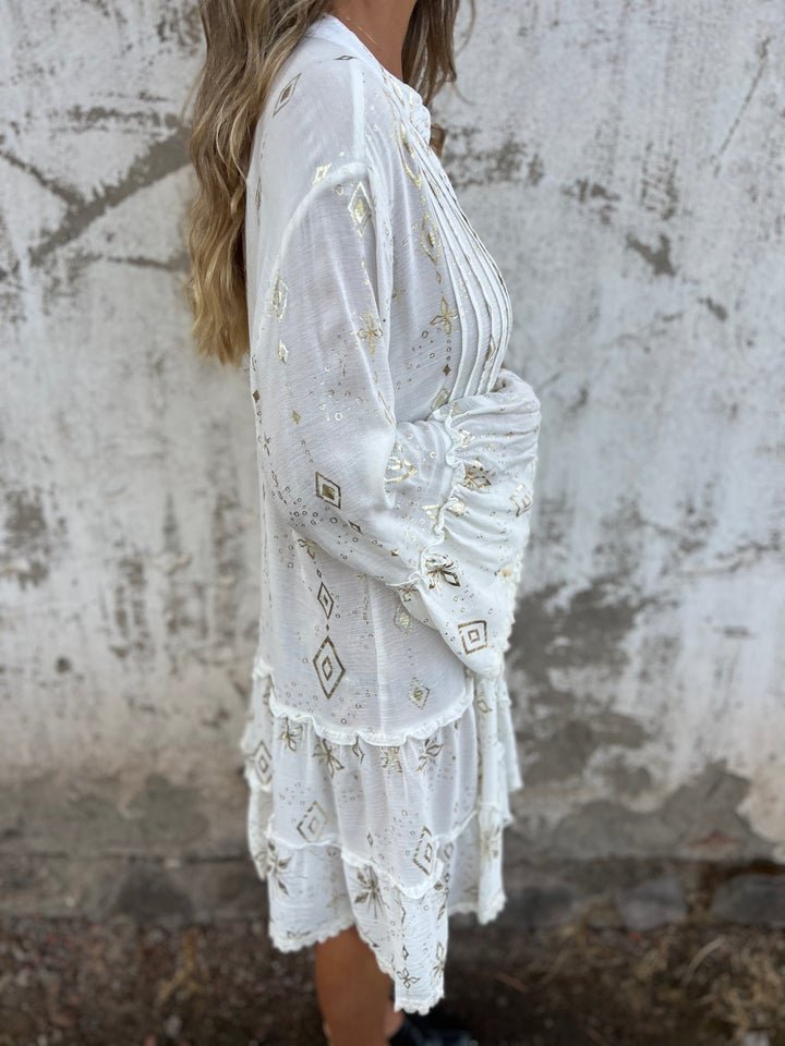 Damen Boho Midi-Kleid Stufenrock V-Ausschnitt Dreiviertelarm