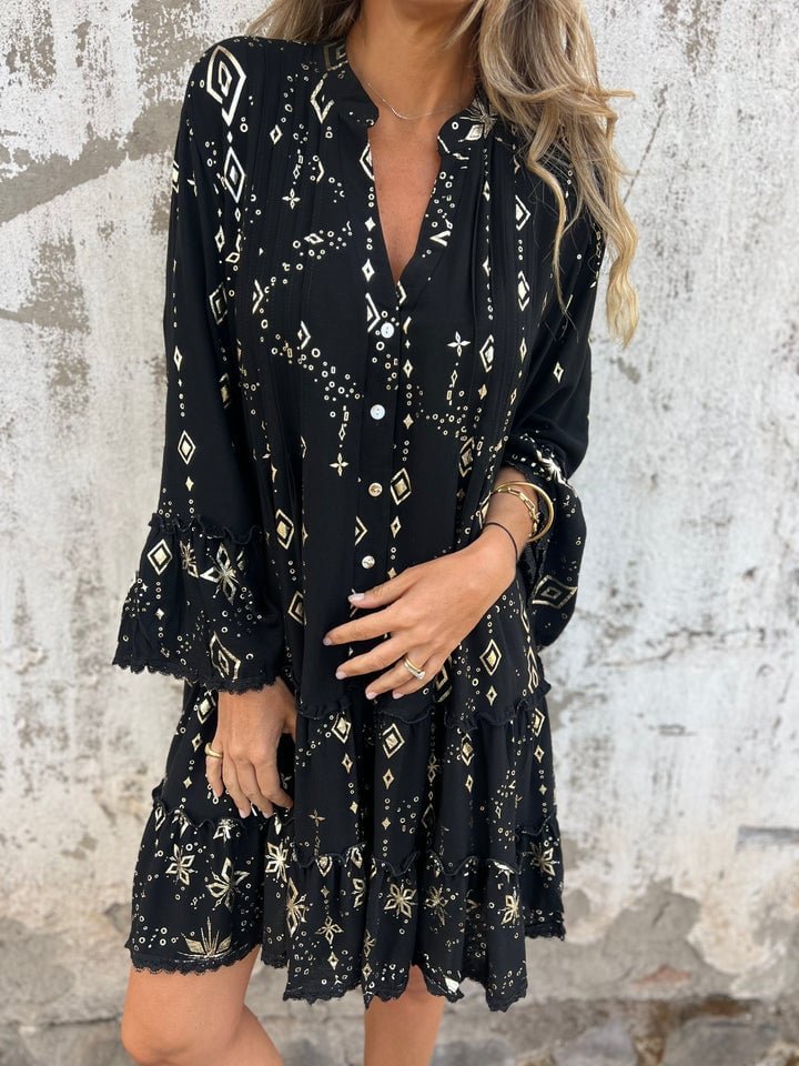 Damen Boho Midi-Kleid Stufenrock V-Ausschnitt Dreiviertelarm - Black