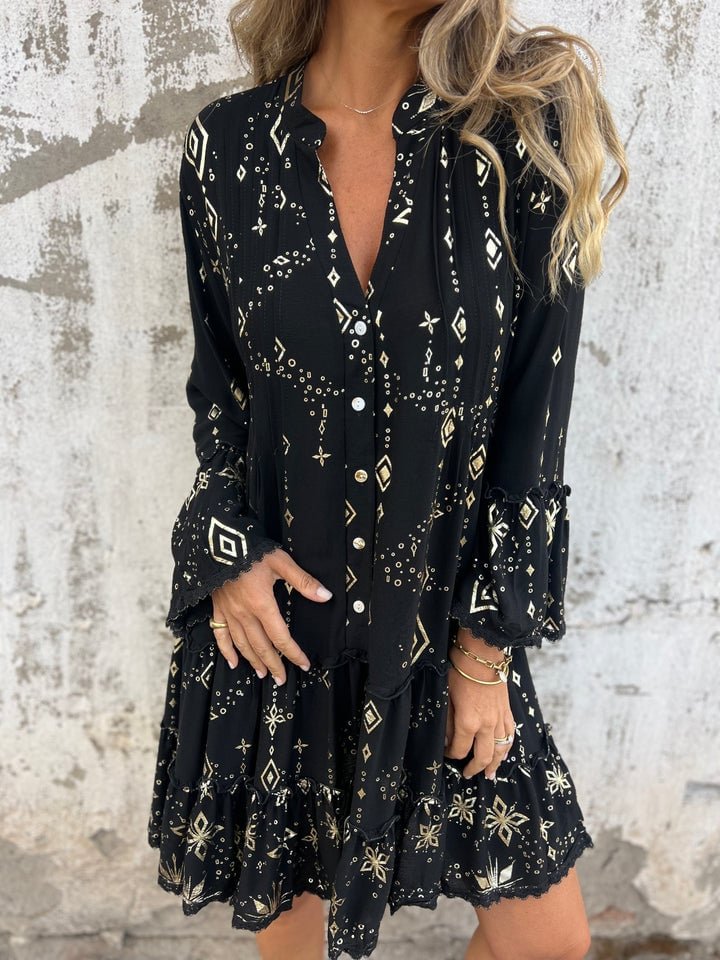 Damen Boho Midi-Kleid Stufenrock V-Ausschnitt Dreiviertelarm