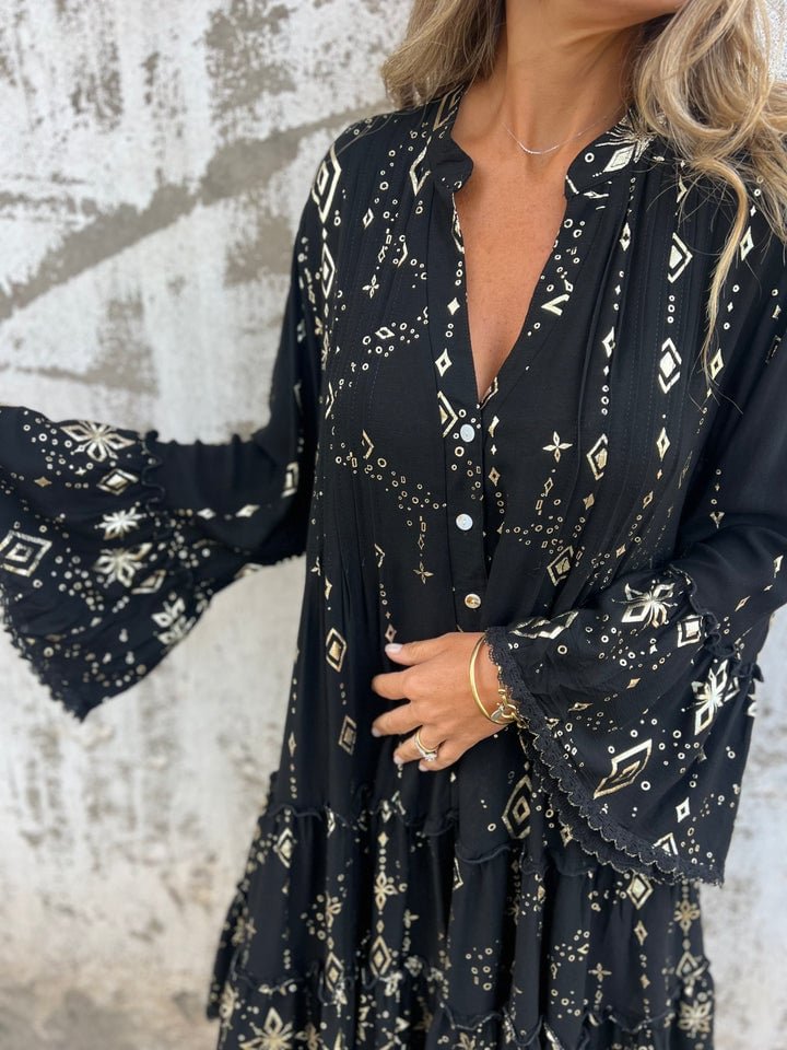 Damen Boho Midi-Kleid Stufenrock V-Ausschnitt Dreiviertelarm