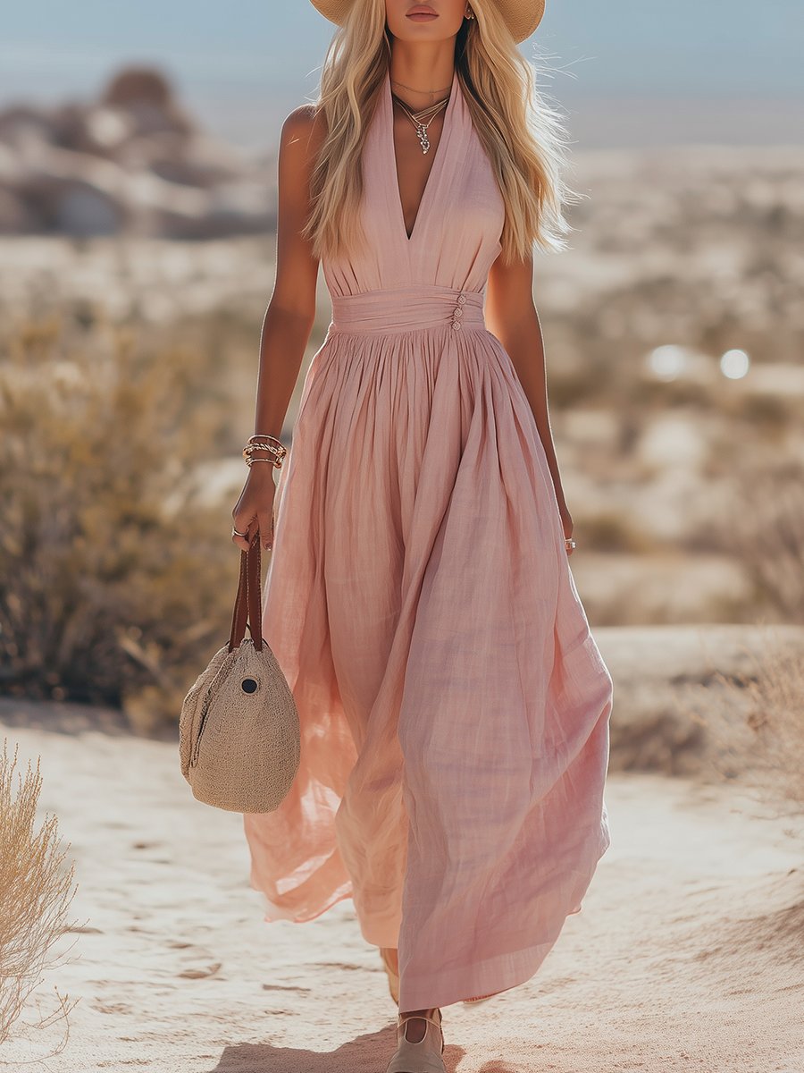 Damen Boho Neckholder Maxi Kleid aus Leinen - Pink