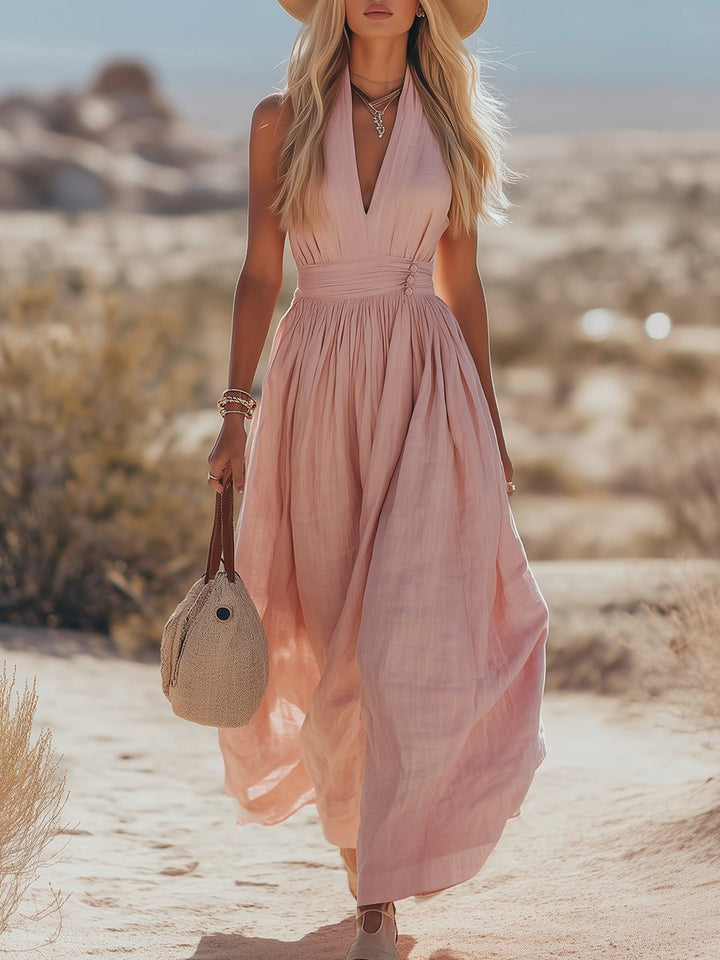 Damen Boho Neckholder Maxi Kleid aus Leinen - Pink