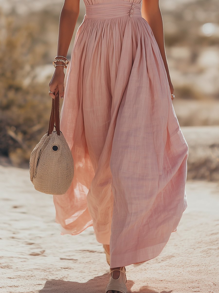 Damen Boho Neckholder Maxi Kleid aus Leinen