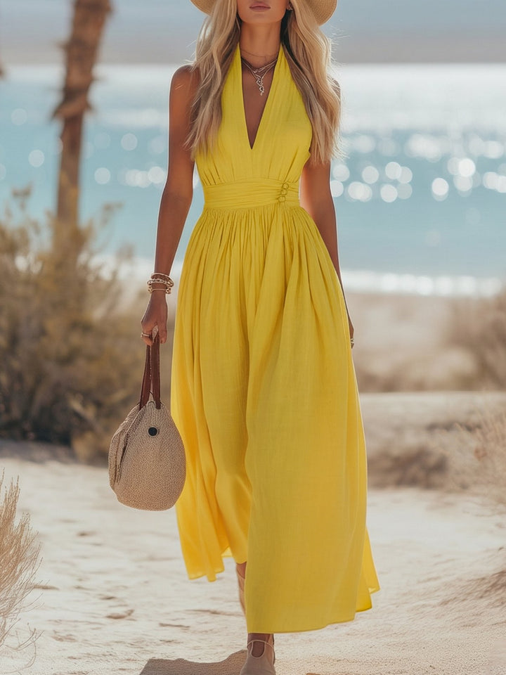 Damen Boho Neckholder Maxi Kleid aus Leinen - Yellow
