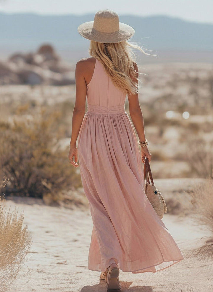 Damen Boho Neckholder Maxi Kleid aus Leinen