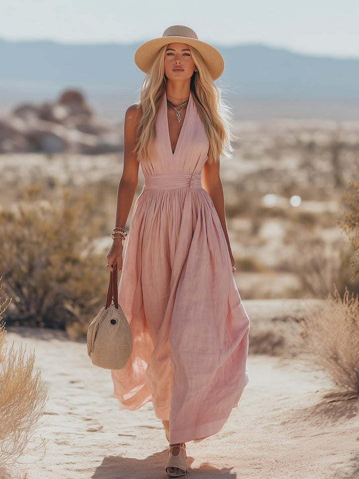 Damen Boho Neckholder Maxi Kleid aus Leinen
