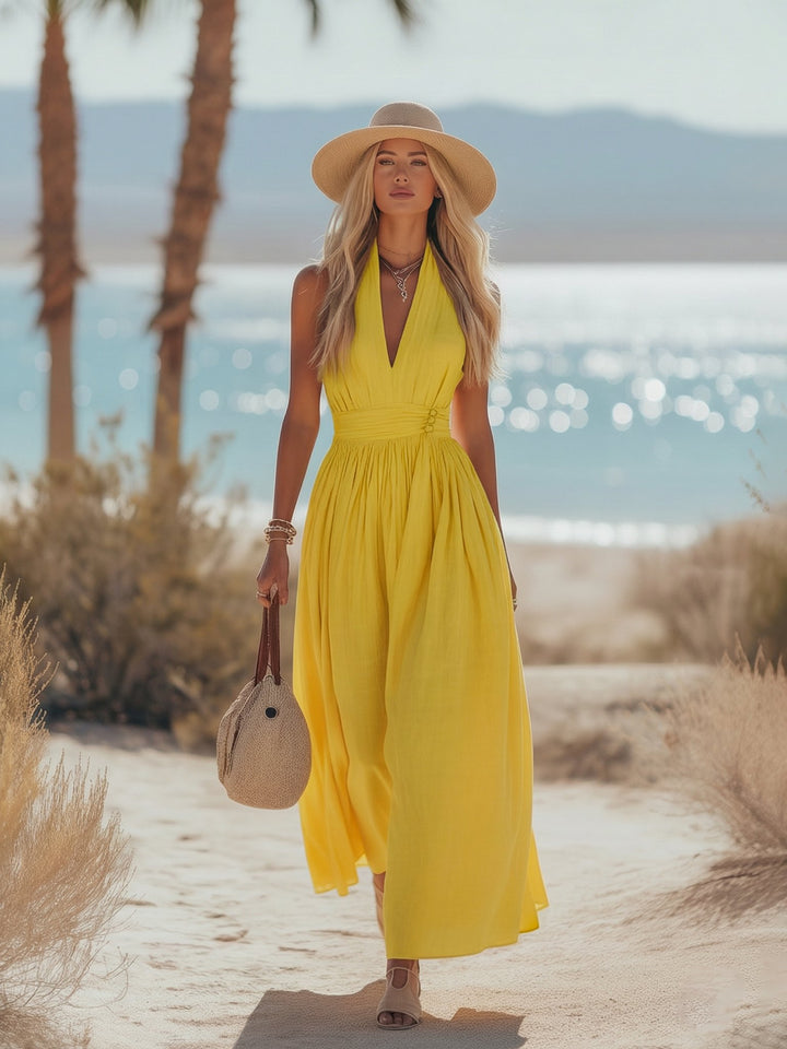Damen Boho Neckholder Maxi Kleid aus Leinen