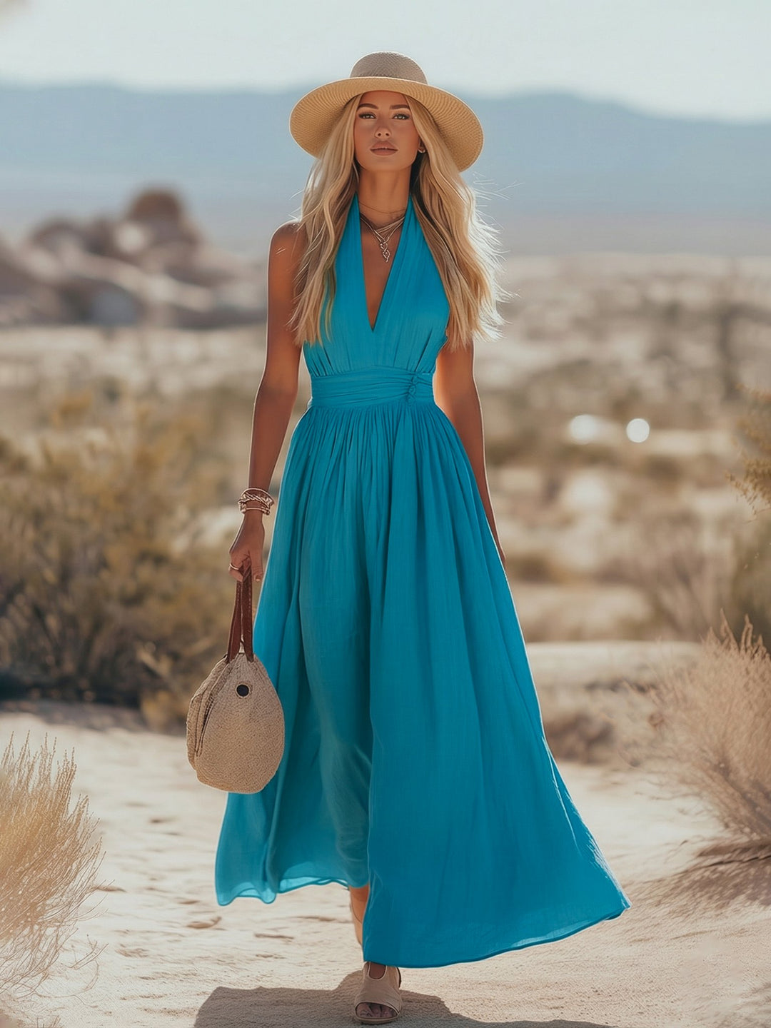 Damen Boho Neckholder Maxi Kleid aus Leinen