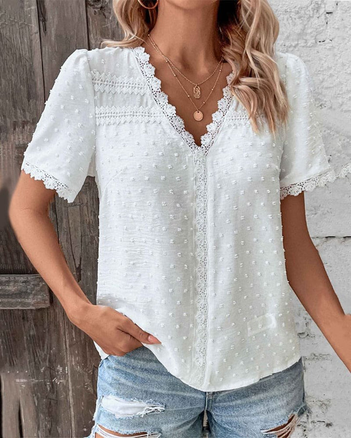 Damen Boho Swiss Dot V-Ausschnitt Spitzenbesatz Bluse
