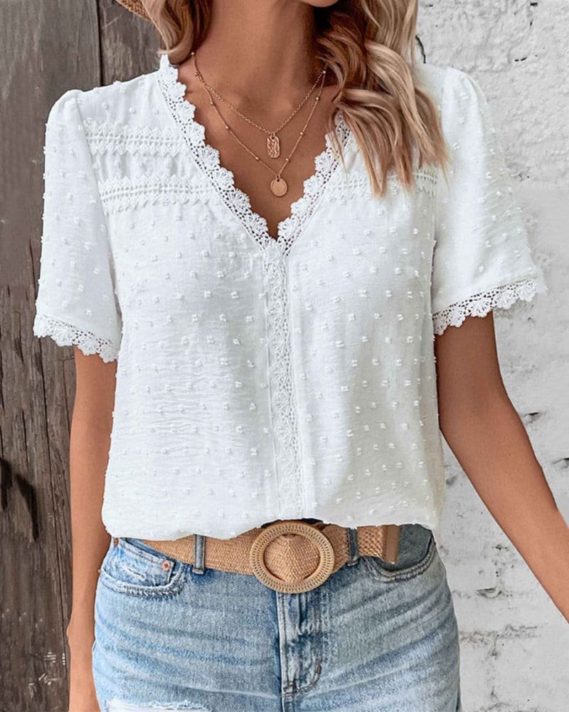 Damen Boho Swiss Dot V-Ausschnitt Spitzenbesatz Bluse - White