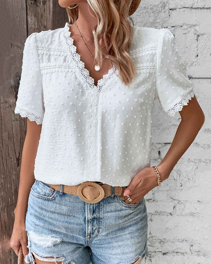Damen Boho Swiss Dot V-Ausschnitt Spitzenbesatz Bluse