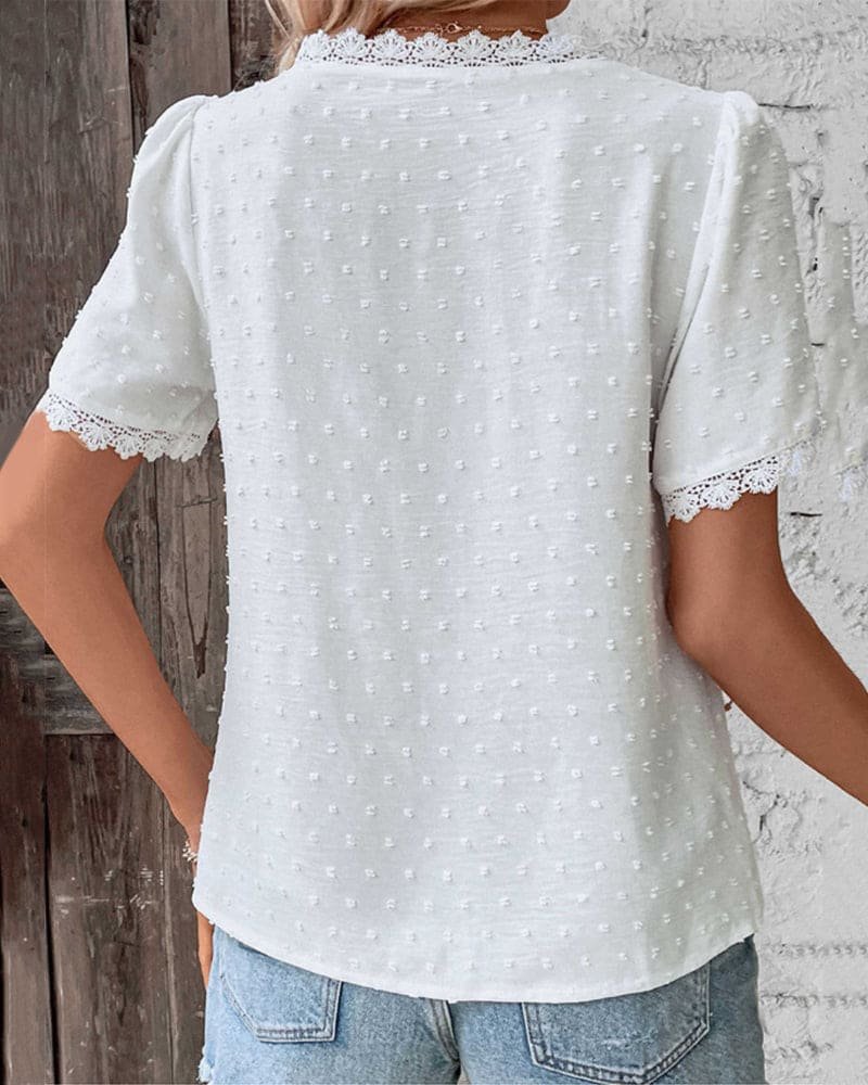 Damen Boho Swiss Dot V-Ausschnitt Spitzenbesatz Bluse