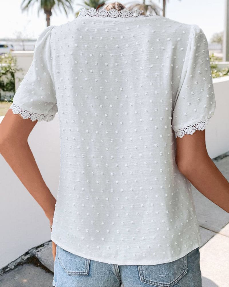 Damen Boho Swiss Dot V-Ausschnitt Spitzenbesatz Bluse