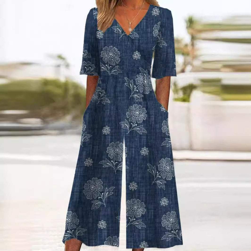 Damen Boho V-Ausschnitt Halbarm Jumpsuit mit Taschen - Navy Blue