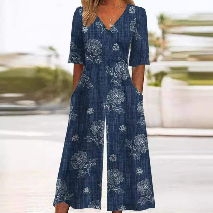 Damen Boho V-Ausschnitt Halbarm Jumpsuit mit Taschen - Navy Blue