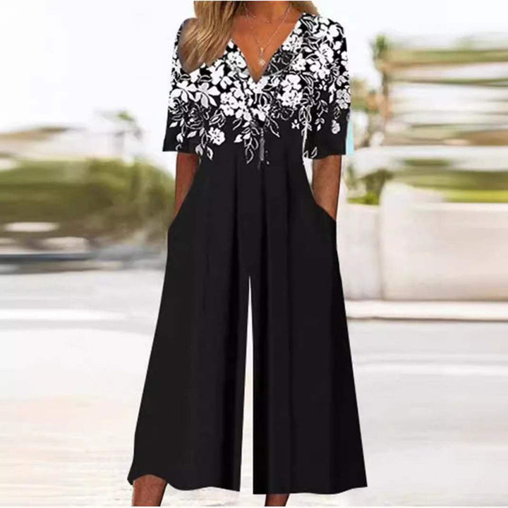 Damen Boho V-Ausschnitt Halbarm Jumpsuit mit Taschen