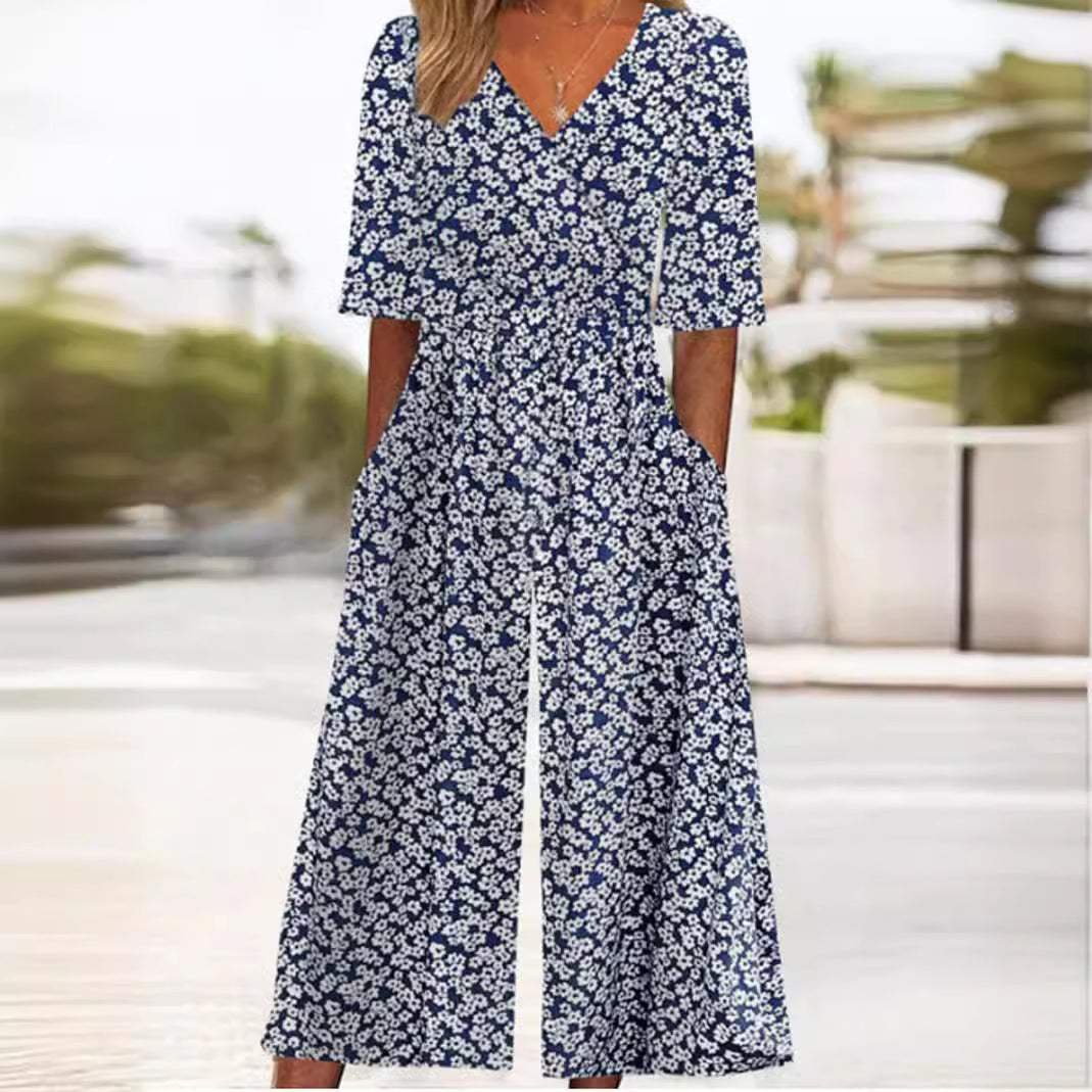 Damen Boho V-Ausschnitt Halbarm Jumpsuit mit Taschen