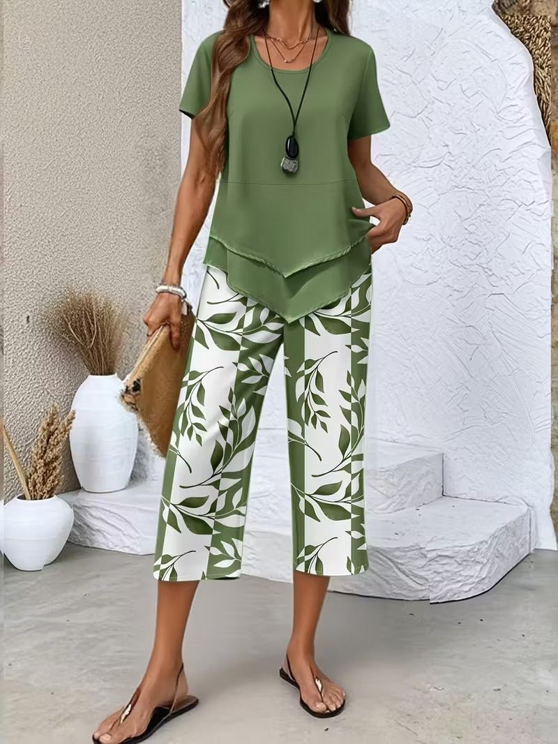 Damen Botanik-Print Kurzarm Zweiteiler Set - Green