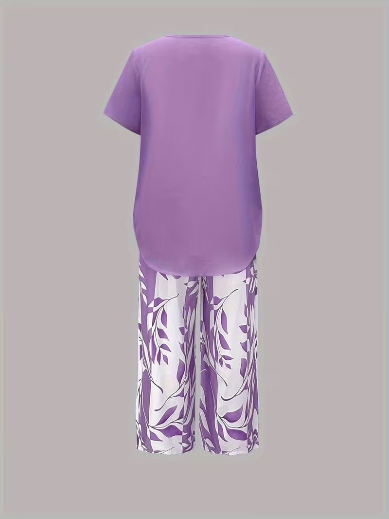 Damen Botanik-Print Kurzarm Zweiteiler Set