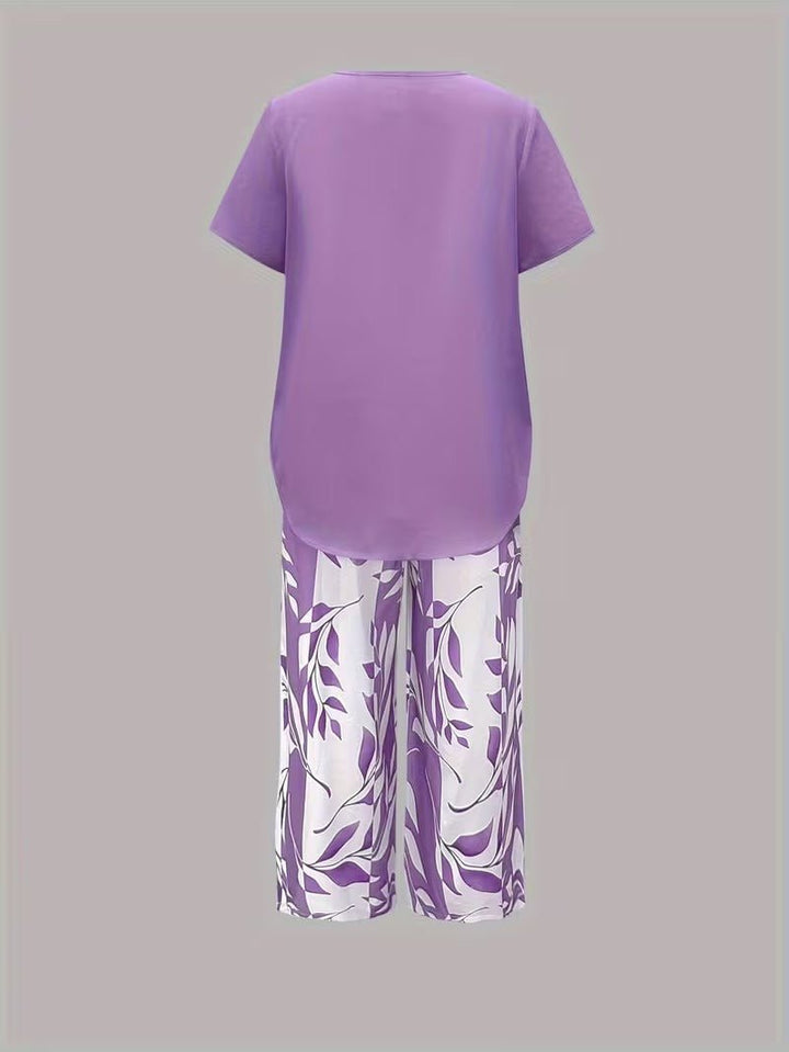 Damen Botanik-Print Kurzarm Zweiteiler Set