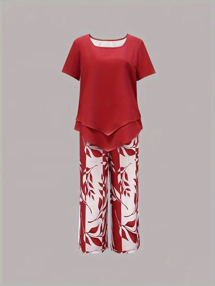Damen Botanik-Print Kurzarm Zweiteiler Set