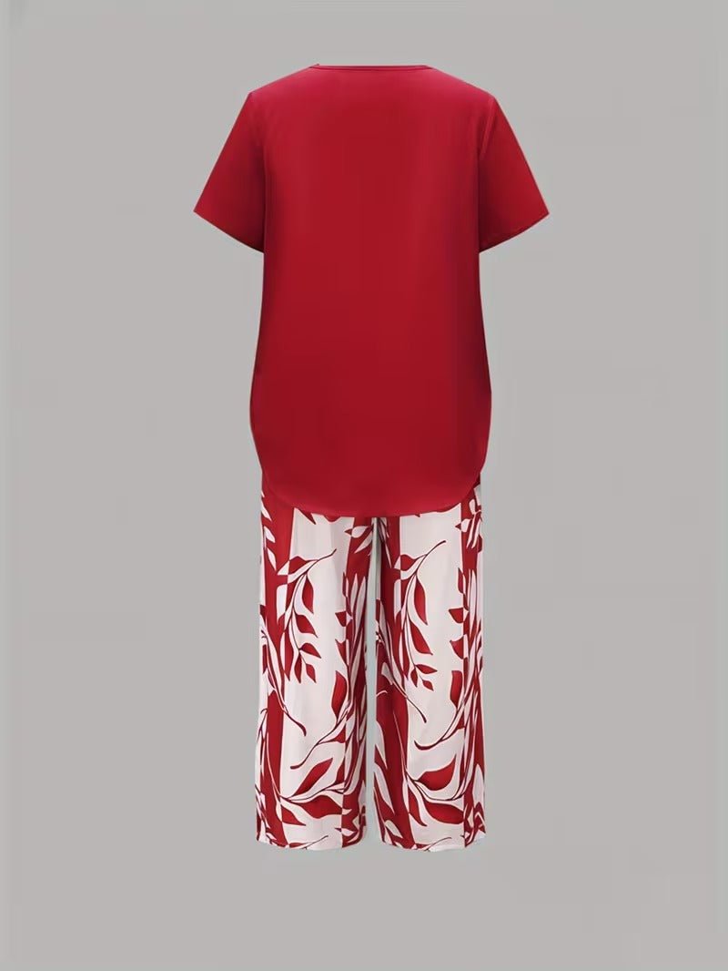 Damen Botanik-Print Kurzarm Zweiteiler Set