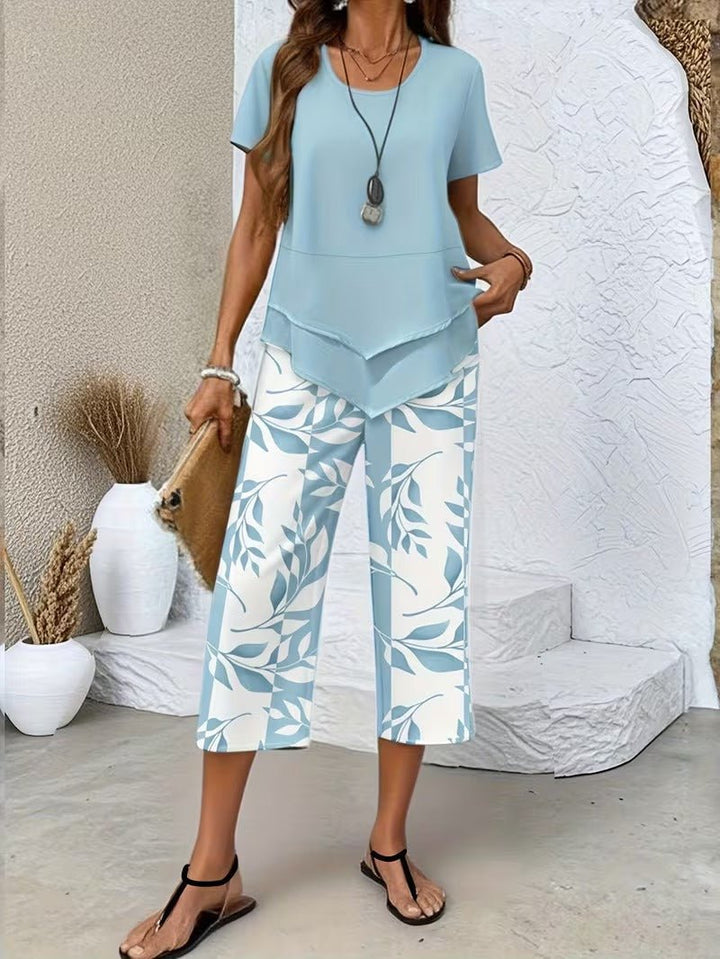 Damen Botanik-Print Kurzarm Zweiteiler Set - Light Blue
