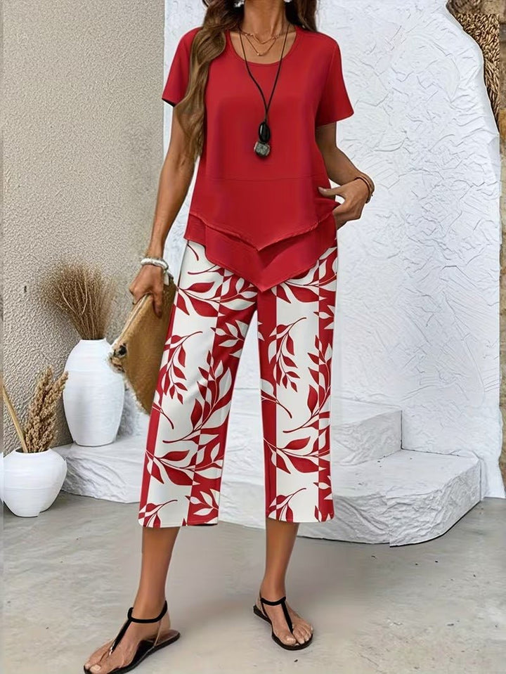 Damen Botanik-Print Kurzarm Zweiteiler Set - Red