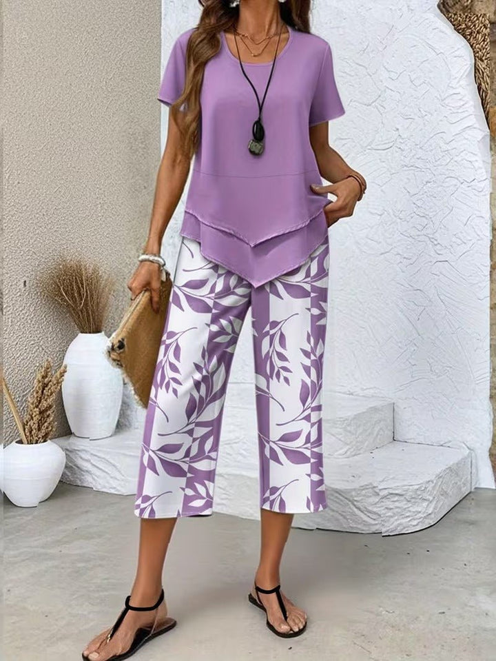 Damen Botanik-Print Kurzarm Zweiteiler Set - Purple