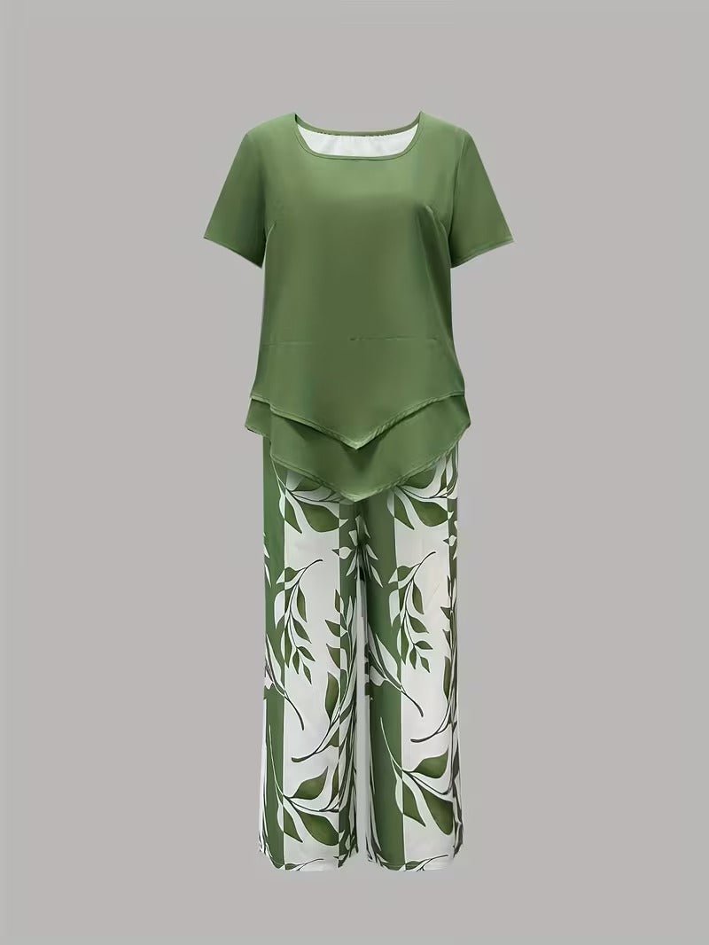 Damen Botanik-Print Kurzarm Zweiteiler Set