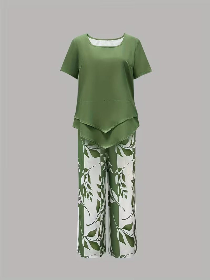 Damen Botanik-Print Kurzarm Zweiteiler Set