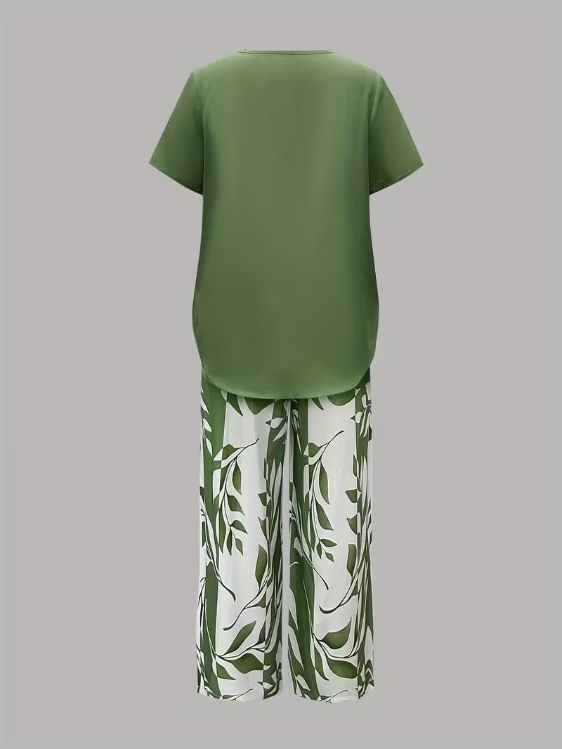 Damen Botanik-Print Kurzarm Zweiteiler Set