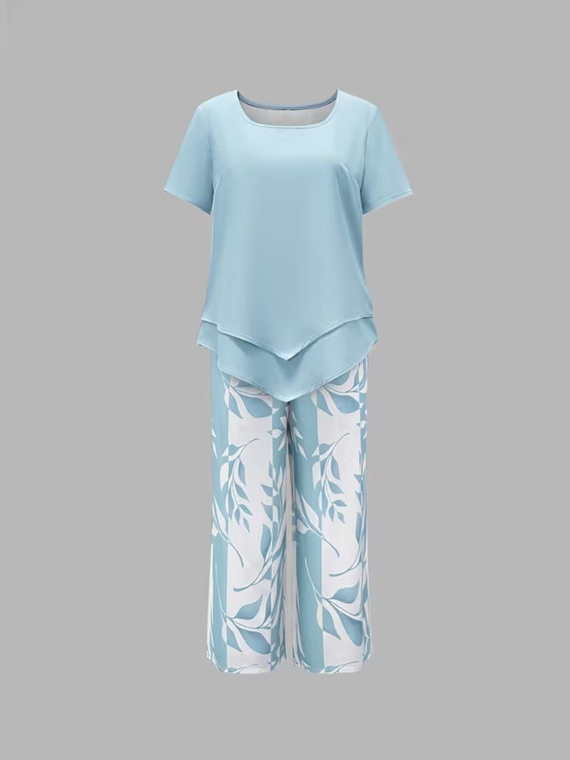 Damen Botanik-Print Kurzarm Zweiteiler Set