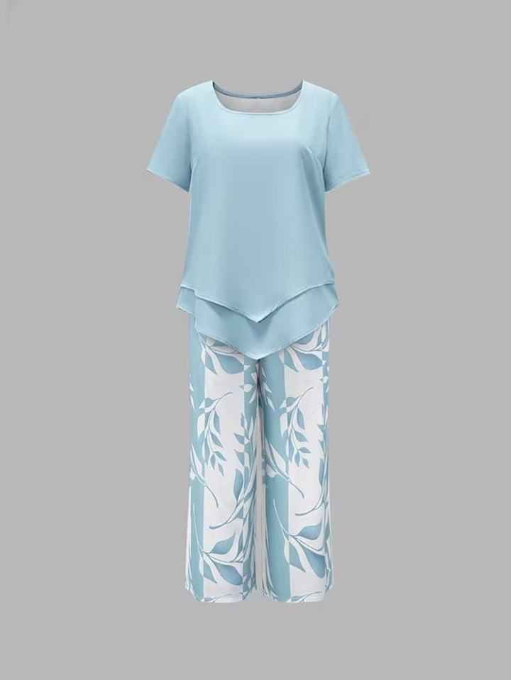Damen Botanik-Print Kurzarm Zweiteiler Set